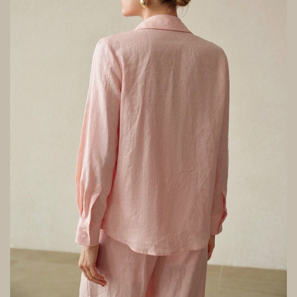 Pink Linen Button-Down Shirt with Ladder Trim Detail - Picture 4 of 7